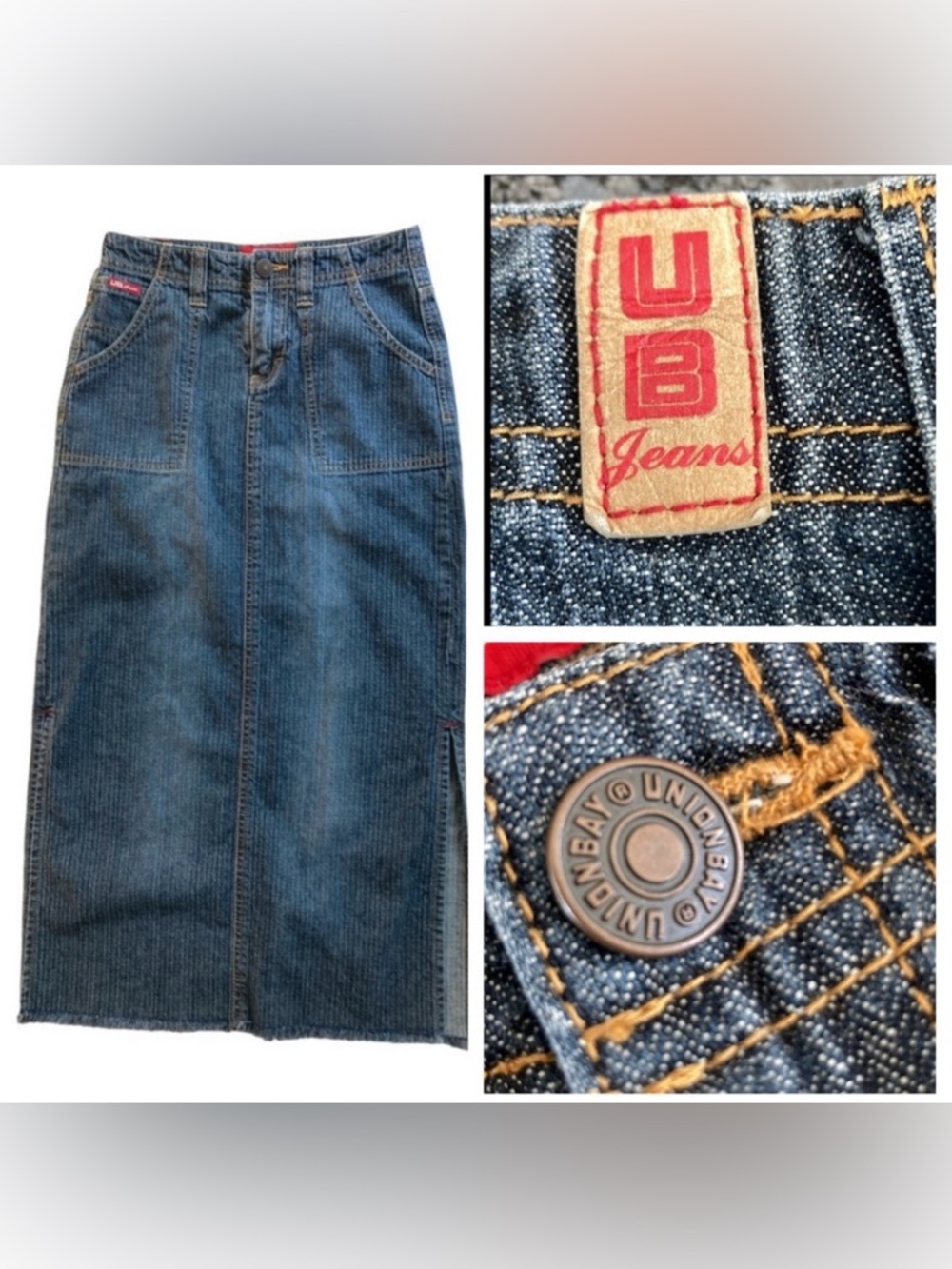 UNIONBAY 90’s Size 0 Midi Denim Jean Skirt 12” Side Slits Raw Hem Utility